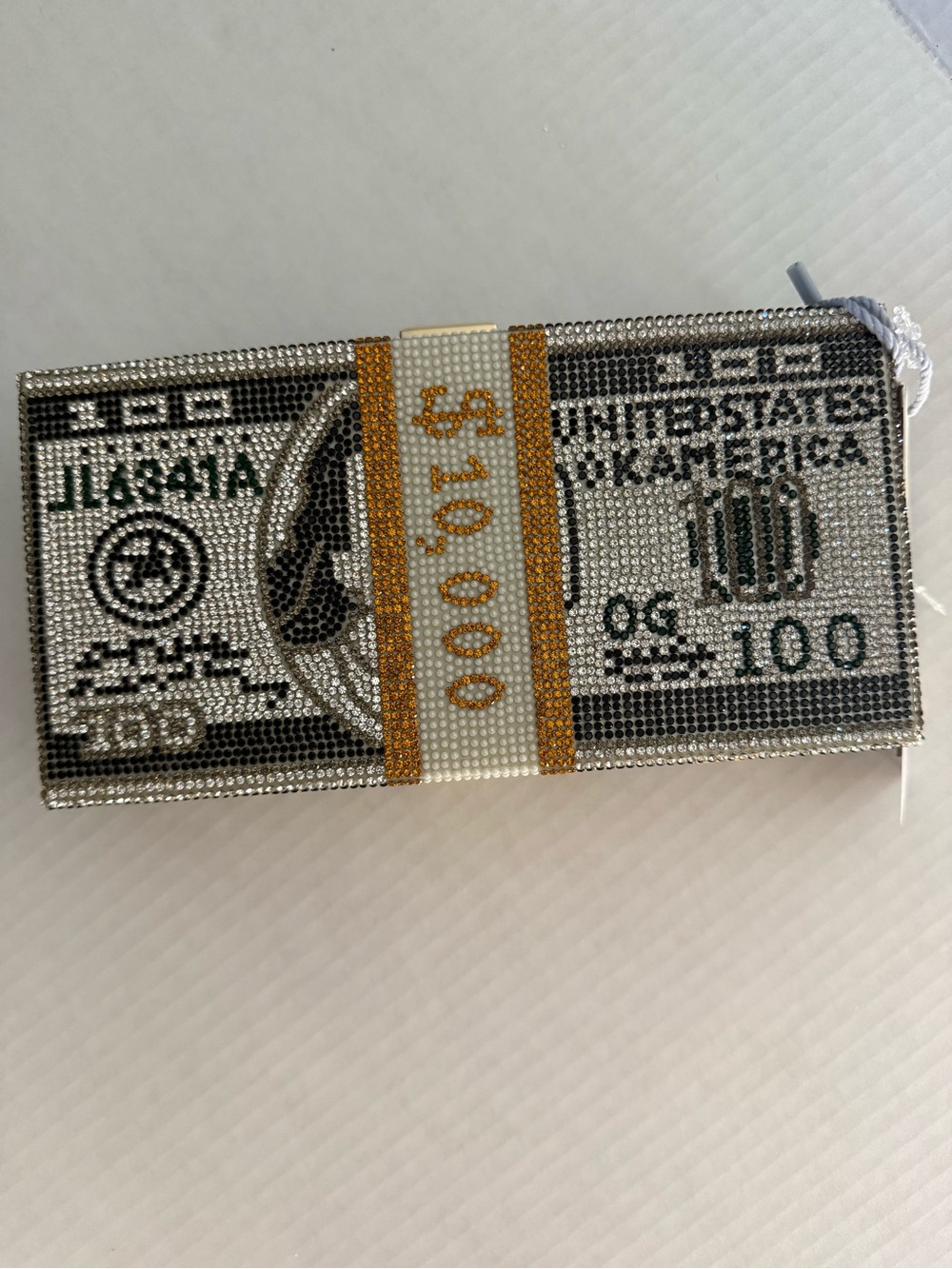 Crystal 100 Dollar Bill Clutch in Silver, Gold and Green
